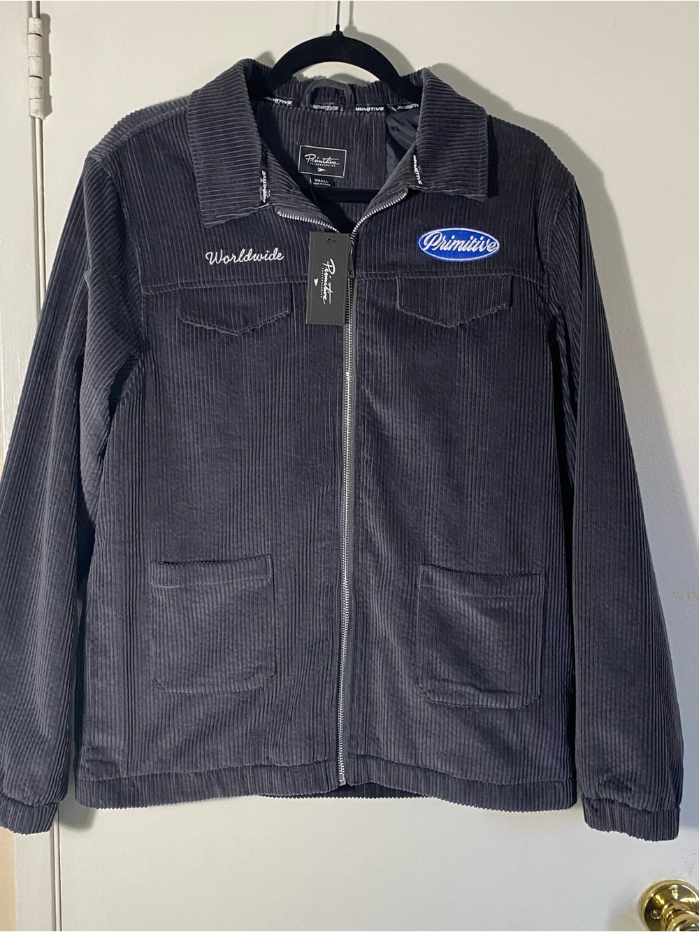 Rare Primitive Men's Charcoal Corduroy Zip Shirt Jacket with Blue Patch